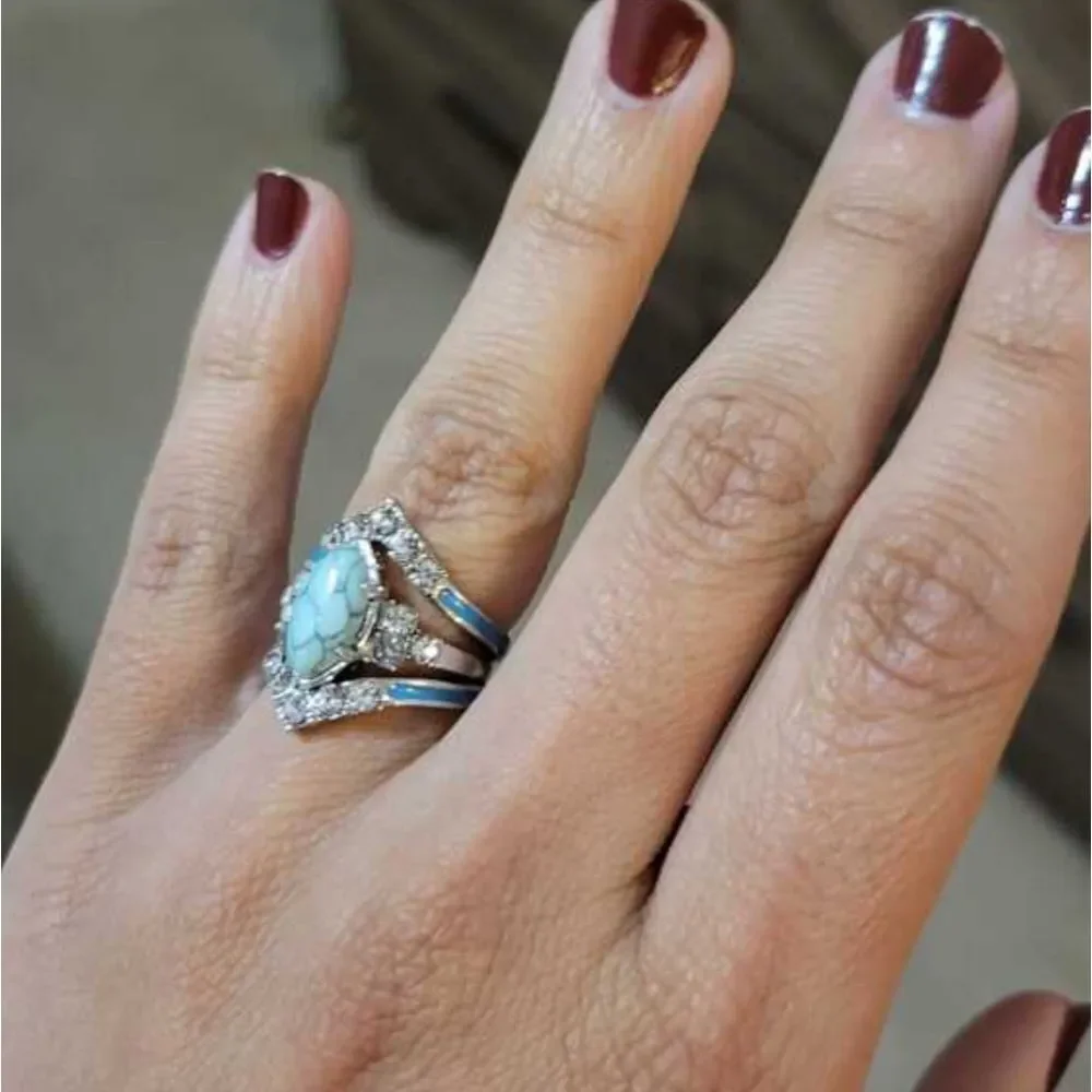 Western Bohemian Navajo Turquoise Wedding Engagement Ring Diamond Ring Set - Picture 11 of 12